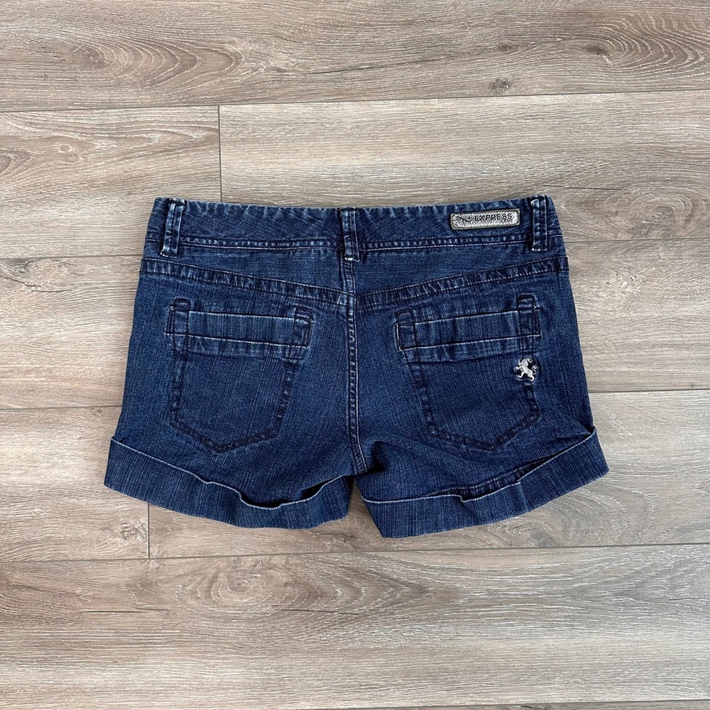 Y2K Express Dark Wash Denim Jean Shorts Size 6 VTG Logo 30x4 Low Rise McBling‎